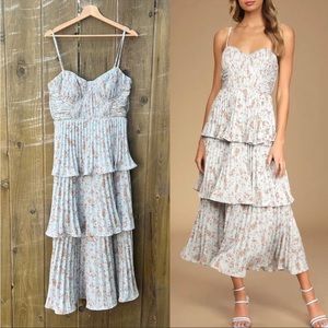 Light Blue Floral Print Bustier Pleated Tiered Midi Dress 🌿